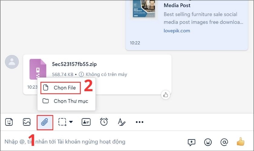 Chọn biểu tượng Đính kèm File rồi chọn Chọn File