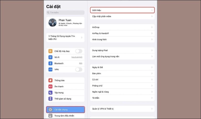 Chọn Cài đặt chung rồi chọn phần Giới thiệu