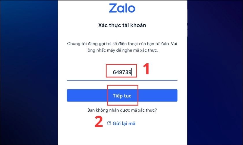 Điền mã xác minh được Zalo gửi về