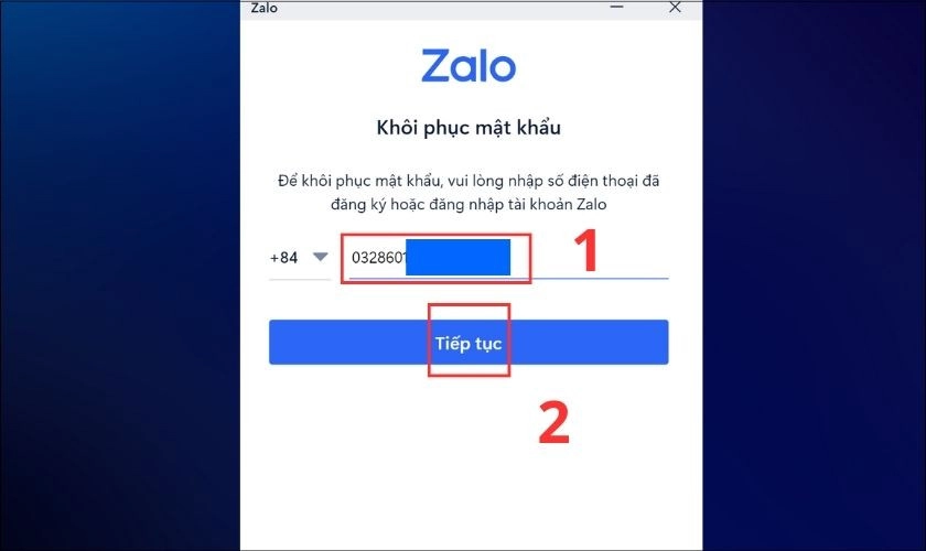 Nhập số điện thoại rồi chọn Tiếp tục để lấy mã xác nhận