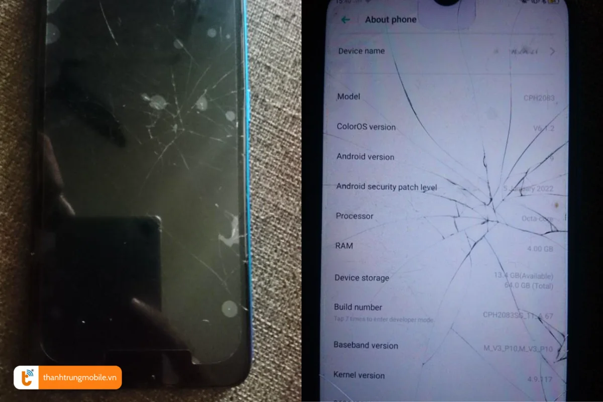Màn hình của Oppo A12, Oppo A12E bị hư hỏng nặng nề