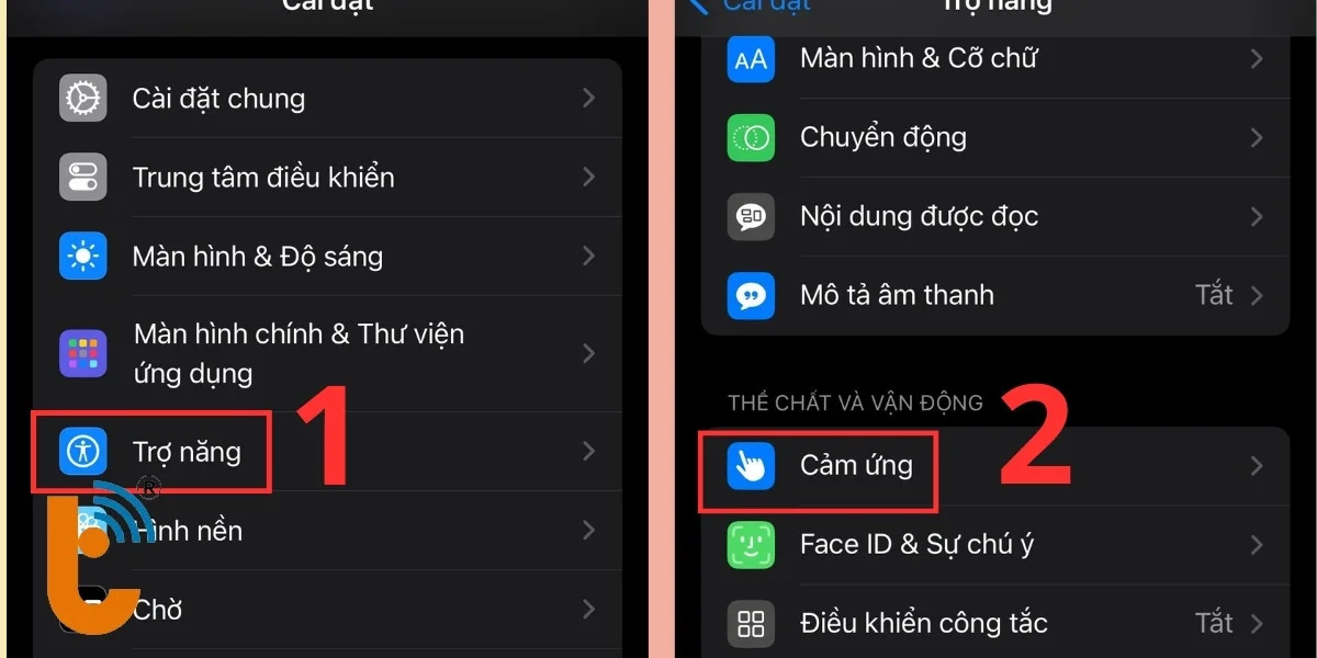 Chọn Trợ năng sau đó chọn Cảm ứng