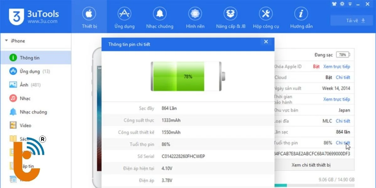 Sử dụng phần mềm 3uTools để kiểm tra tình trạng pin của iPhone
