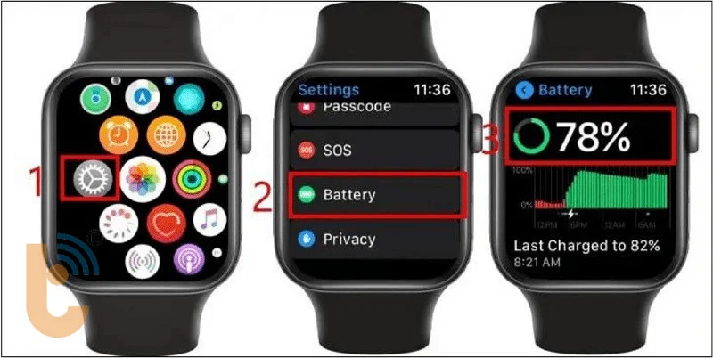 Hình minh họa các bước kiểm tra pin Apple Watch Series 7 có bị chai trực tiếp trên Apple Watch