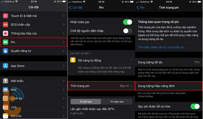 Tình trạng pin báo bảo trì là pin iPhone 13 Pro Max đã bị chai và cần thay thế