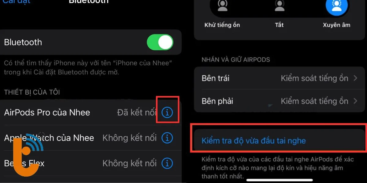 Chọn vào Kiểm tra độ vừa đầu tai nghe