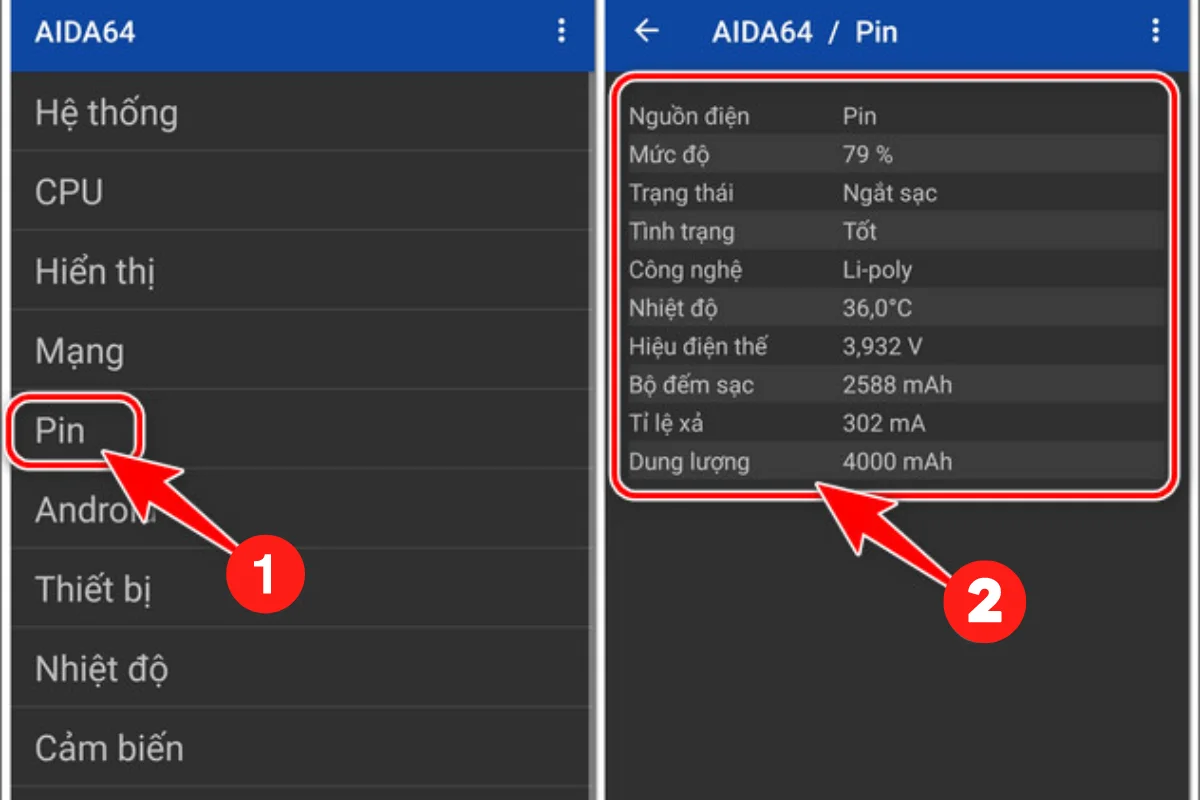 Ứng dụng kiểm tra pin OPPO AIDA64