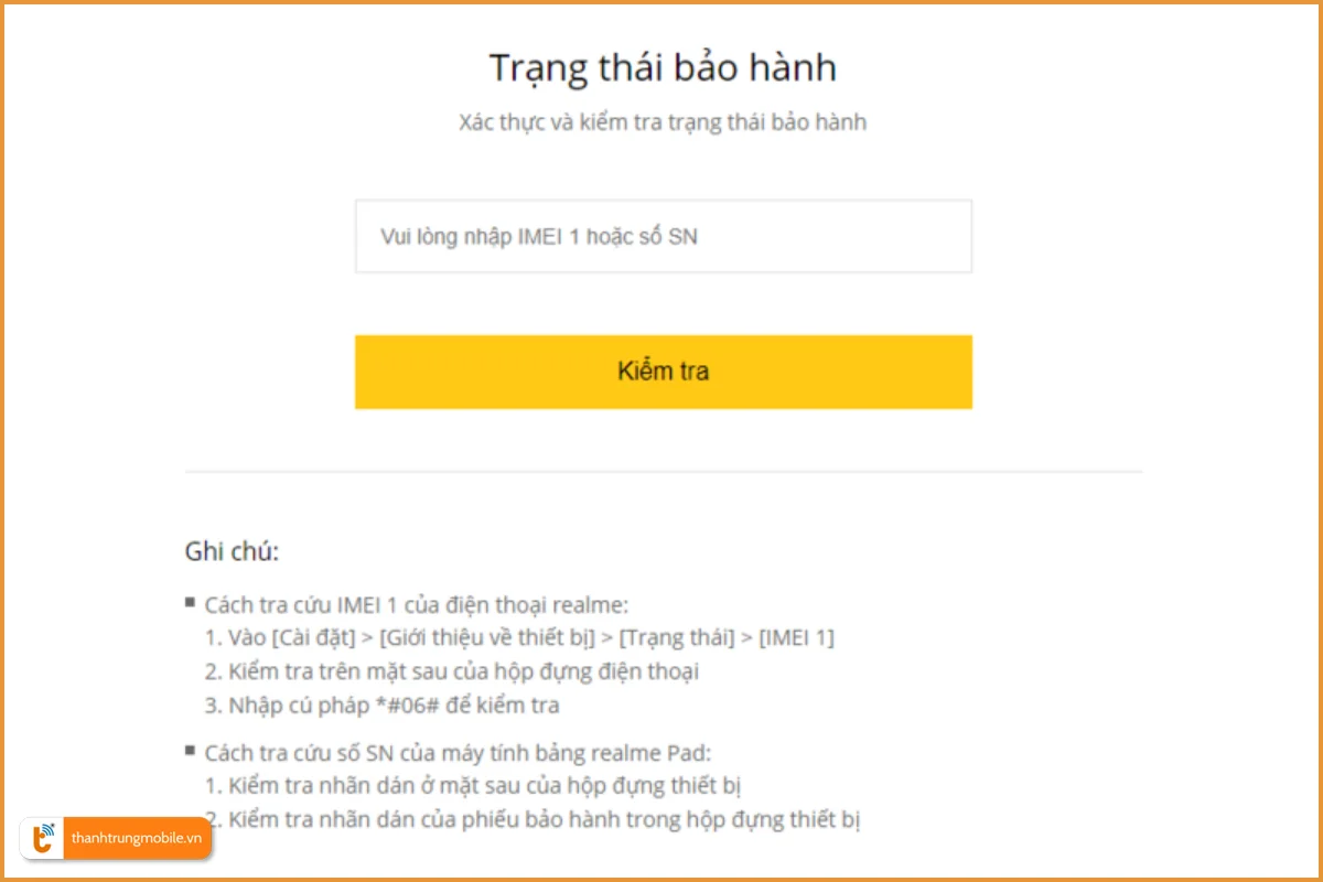 kiểm tra bảo hành realme