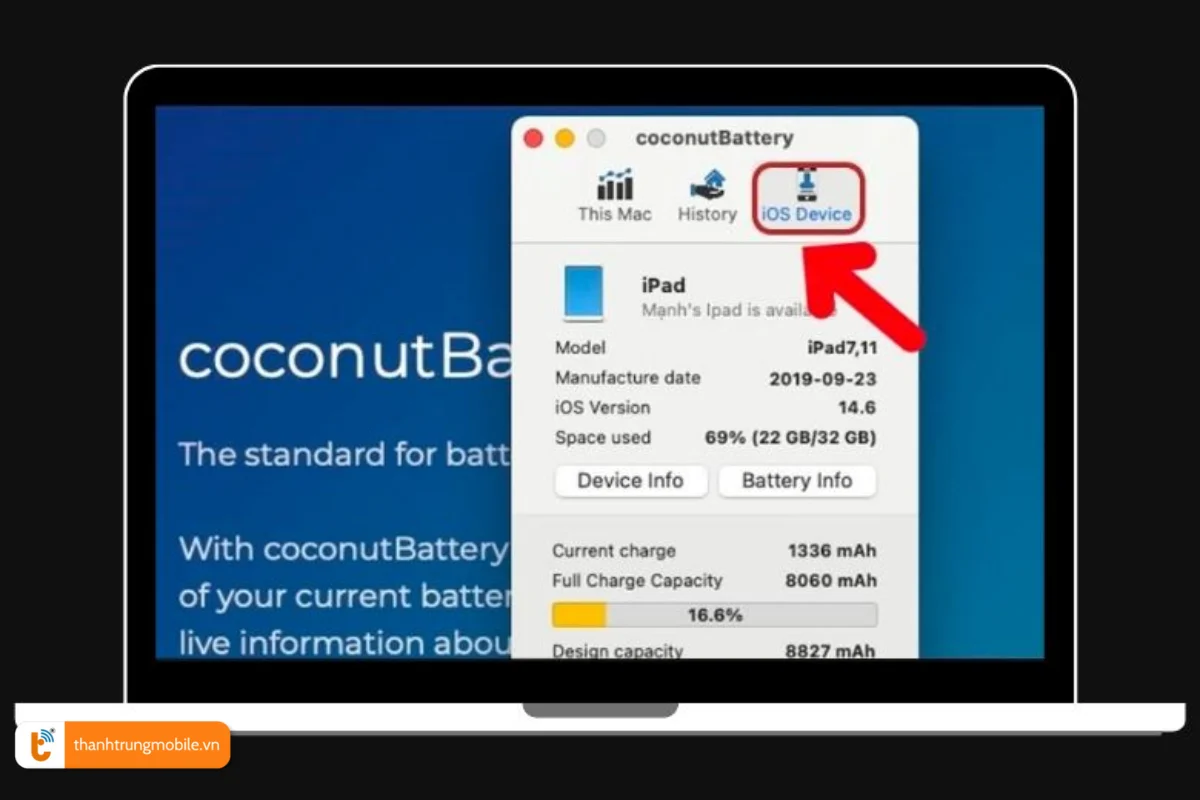 Kiểm tra pin iPad thông qua ứng dụng CoconutBattery