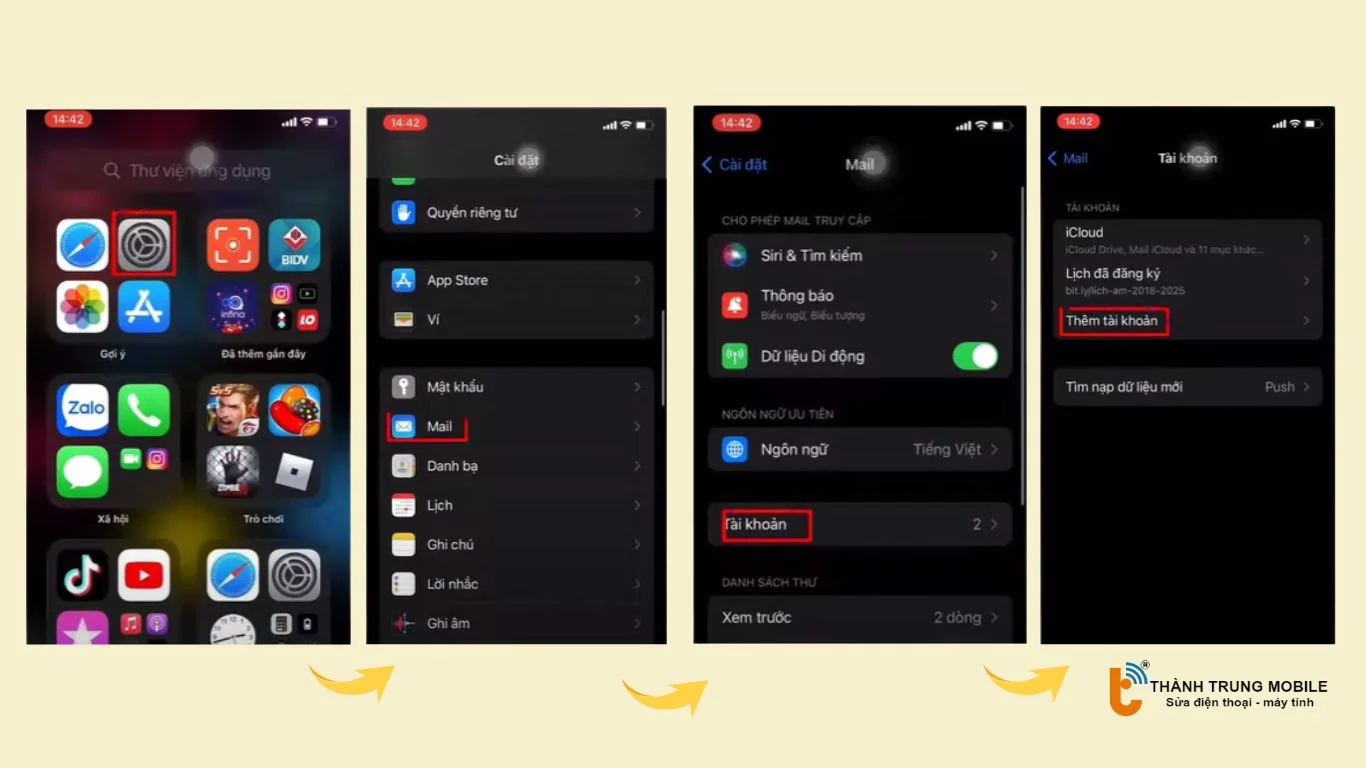 Chọn cài đặt > Mail > Tài khoản > Thêm tài khoản