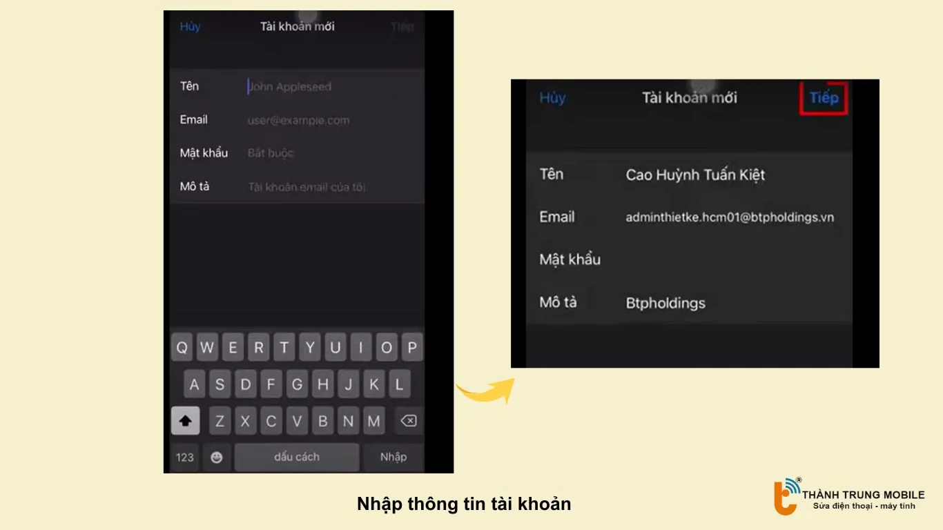 Nhập thông tin tài khoản để thiết lập email