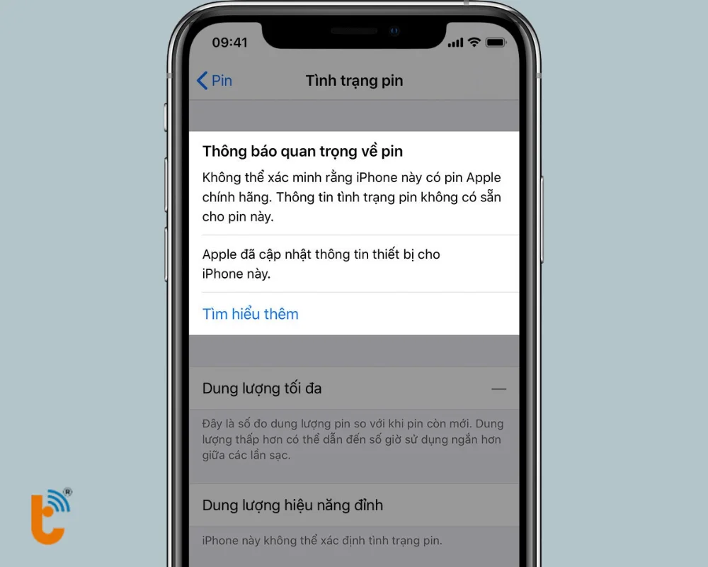 Thông báo khi thay pin không chính hãng từ iPhone