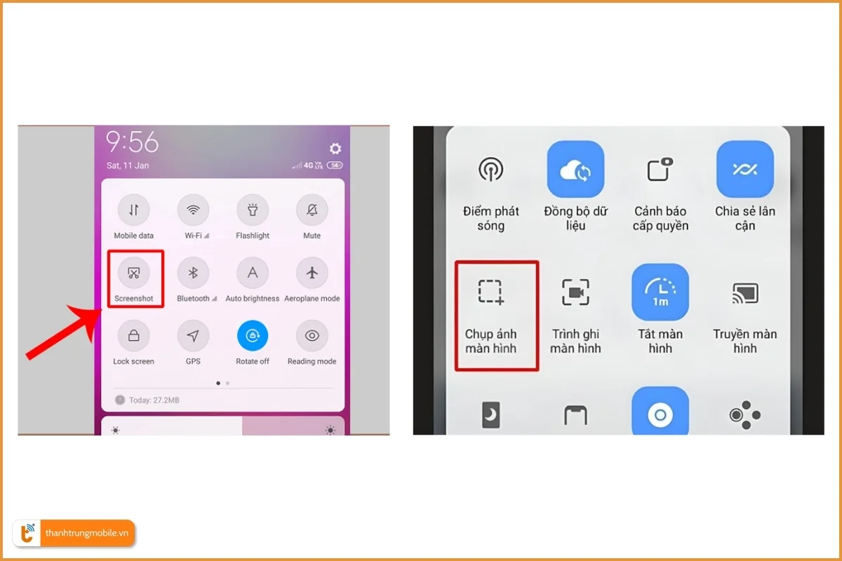 Tính năng chụp màn hình ScreenShot trong menu cài đặt nhanh