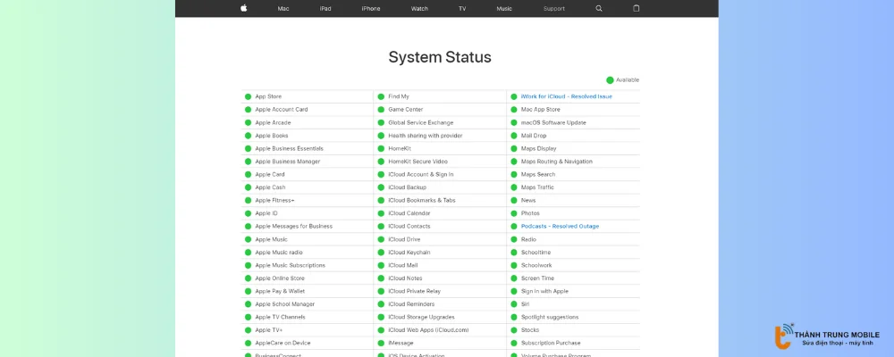 Tình trạng hệ thống của Apple