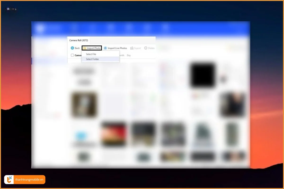 Trên 3utool chọn Import Photo (Select File hoặc Folder)