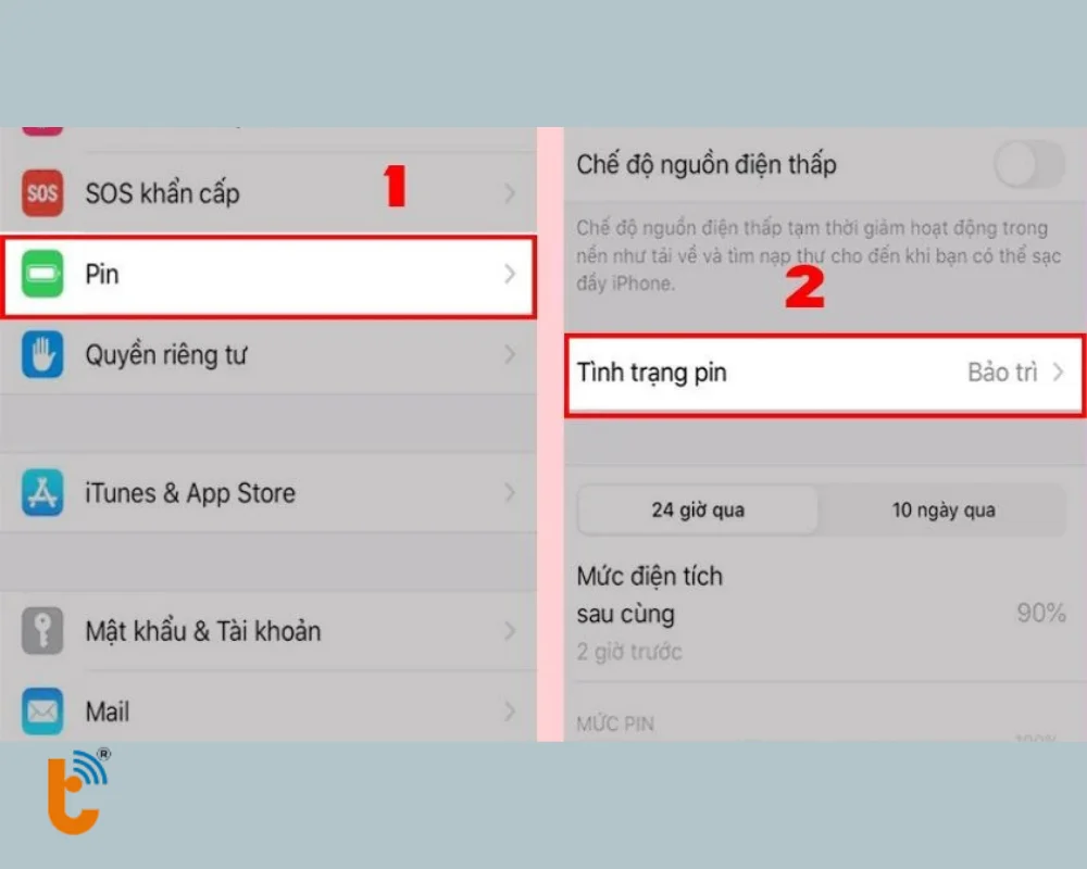 Vào cài đặt để kiểm tra tình trạng pin 