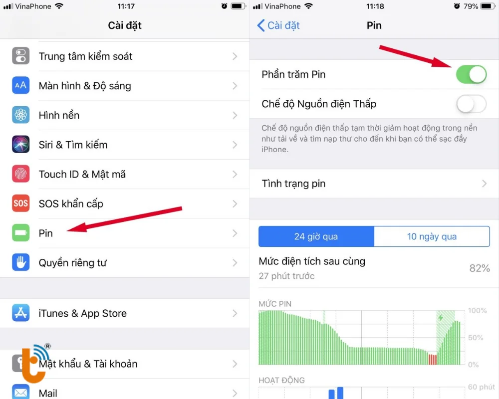 Vuốt biểu tượng phần trăm pin sang màu xanh để hiển thị phần trăm pin trên thanh trạng thái