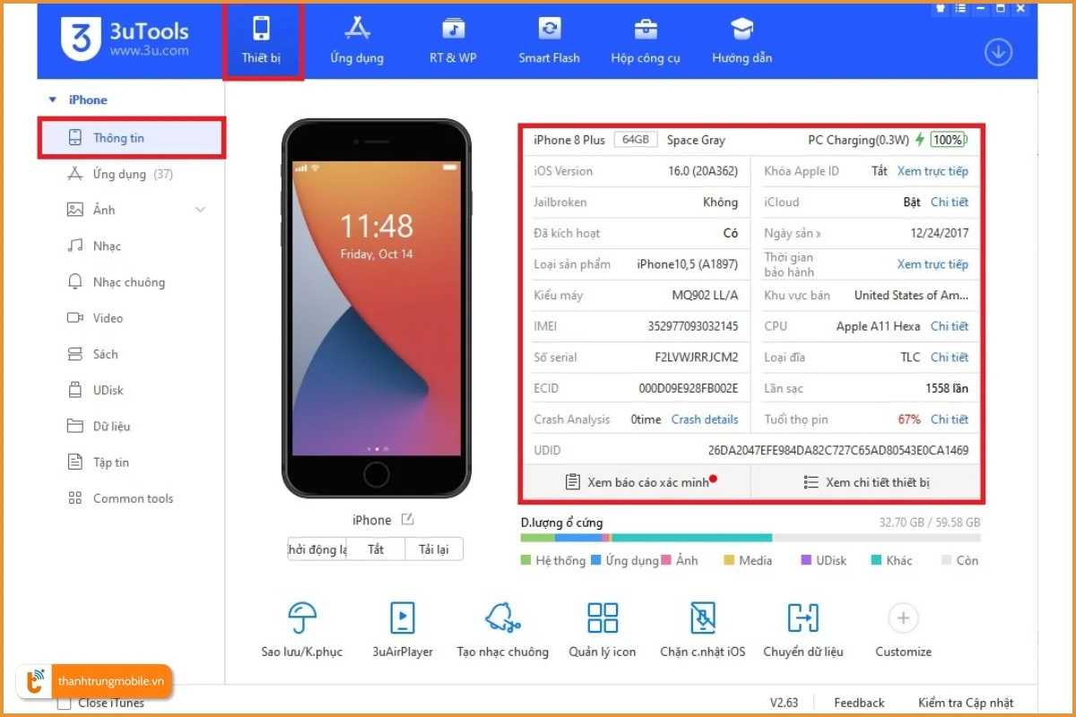 Xem thông tin iPhone qua 3uTools